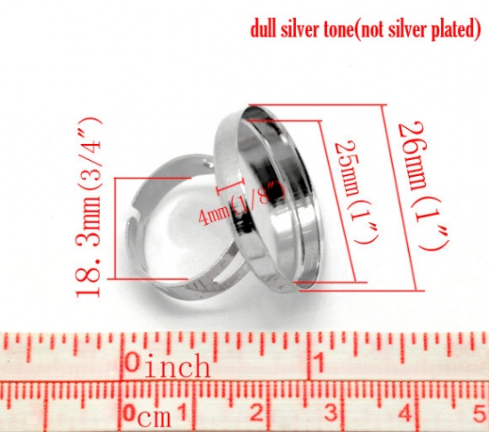 Picture of Brass Adjustable Cabochon Settings Rings Round Silver Tone (Fits 25mm Dia) 18.3mm( 6/8")(US Size 8), 10 PCs
