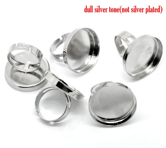 Picture of Brass Adjustable Cabochon Settings Rings Round Silver Tone (Fits 25mm Dia) 18.3mm( 6/8")(US Size 8), 10 PCs