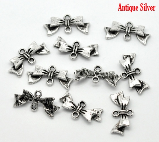 Picture of Zinc Based Alloy Connectors Findings Bowknot Antique Silver Color 20x10mm, 100 PCs