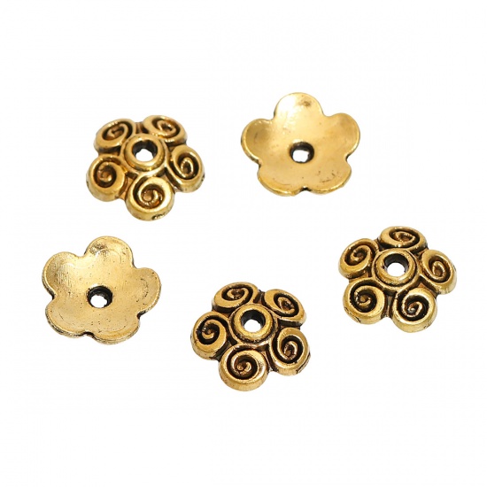 Picture of Zinc Based Alloy Beads Caps Flower Gold Tone Antique Gold Carved Pattern (Fit Beads Size: 12mm-18mm Dia.) 10mm Dia, 100 PCs