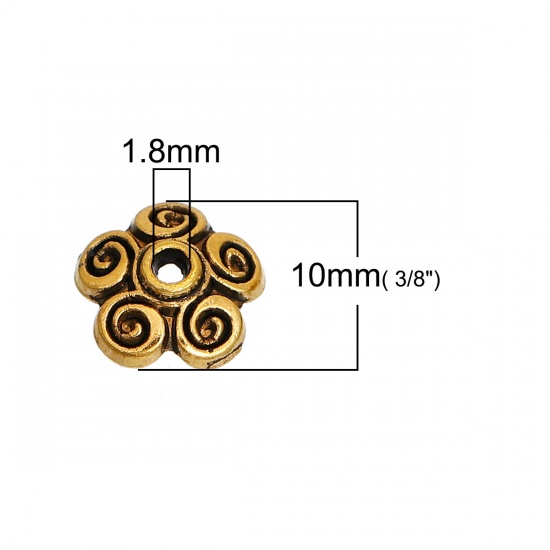 Picture of Zinc Based Alloy Beads Caps Flower Gold Tone Antique Gold Carved Pattern (Fit Beads Size: 12mm-18mm Dia.) 10mm Dia, 100 PCs