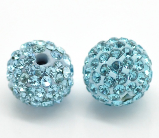 Picture of Polymer Clay & Rhinestone Beads Ball Blue Rhinestone About 10mm Dia, Hole: Approx 1.3mm, 2 PCs