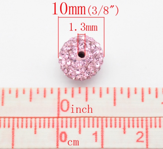 Picture of Polymer Clay & Rhinestone Beads Ball Pink Rhinestone About 10mm Dia, Hole: Approx 1.3mm, 2 PCs