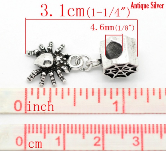 Immagine di Lega di Zinco Halloween Stile Europeo Charm Dangle PerlineRagno Argento Antico 3.1cm x 13.0mm, 20 Pz