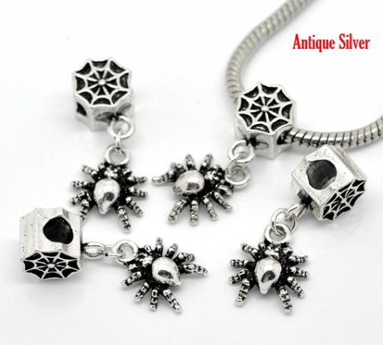 Picture of European Style Large Hole Charm Dangle Beads Halloween Spider Antique Silver 31mm x 13mm, 20 PCs