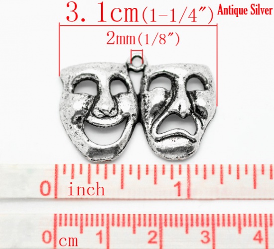 Picture of Zinc Based Alloy Pendants Mask Antique Silver Color 31mm x 23mm, 20 PCs