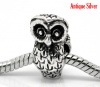 Picture of Zinc Metal Alloy European Style Large Hole Charm Beads Owl Halloween Ornaments Antique Silver About 18mm x 10mm, Hole: Approx 4.7mm, 10 PCs