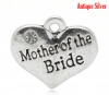 Picture of Zinc Based Alloy Charms Heart Antique Silver Message " Mother of the Bride " Carved Clear Rhinestone 16mm( 5/8") x 14mm( 4/8"), 20 PCs