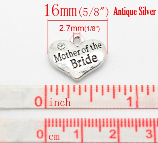 Immagine di Lega di Zinco Charm Ciondoli Cuore Argento Antico Lettere Disegno Messaggio Mother of the Bride Intagliato Bianco Strass 16.0mm x 14.0mm, 20 Pz