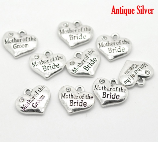 Immagine di Lega di Zinco Charm Ciondoli Cuore Argento Antico Lettere Disegno Messaggio Mother of the Bride Intagliato Bianco Strass 16.0mm x 14.0mm, 20 Pz