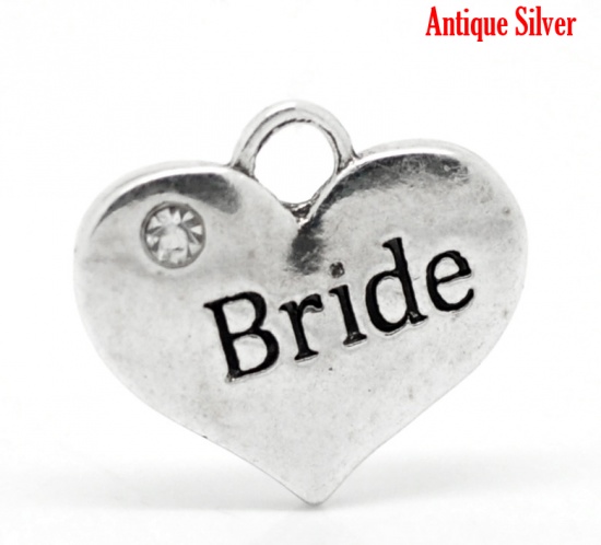 Picture of Zinc Based Alloy Charms Heart Antique Silver Message " Bride " Carved Clear Rhinestone 16mm( 5/8") x 14mm( 4/8"), 20 PCs