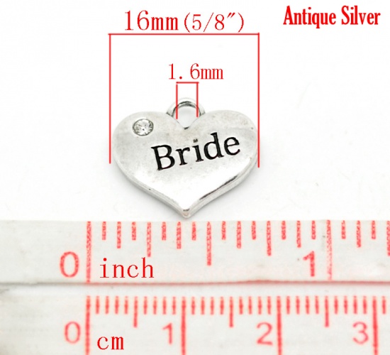 Picture of Zinc Based Alloy Charms Heart Antique Silver Message " Bride " Carved Clear Rhinestone 16mm( 5/8") x 14mm( 4/8"), 20 PCs