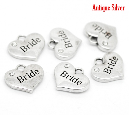 Picture of Zinc Based Alloy Charms Heart Antique Silver Message " Bride " Carved Clear Rhinestone 16mm( 5/8") x 14mm( 4/8"), 20 PCs