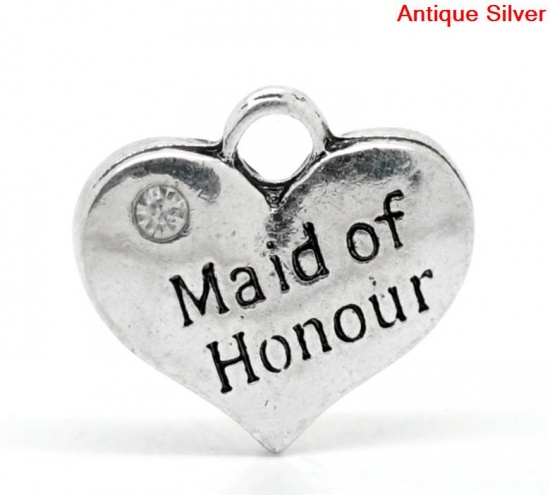 Bild von Zinklegierung Charm Anhänger Herz Antiksilber Message " Maid of Honour " mit Weiß Strass 16mm x 14mm, 20 Stück