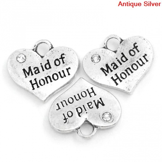Bild von Zinklegierung Charm Anhänger Herz Antiksilber Message " Maid of Honour " mit Weiß Strass 16mm x 14mm, 20 Stück