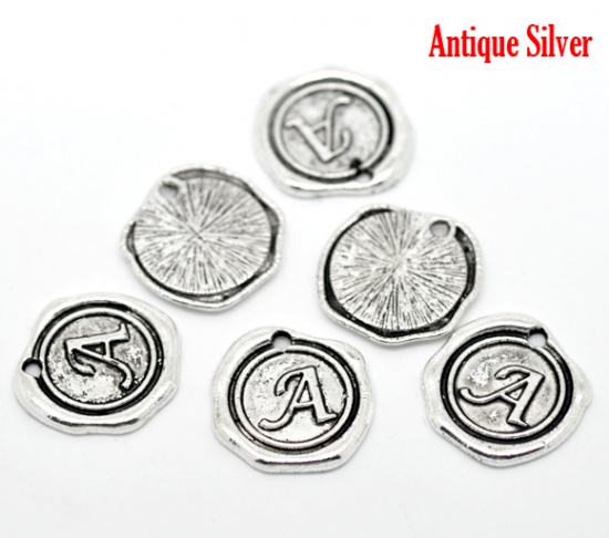 Picture of Zinc Based Alloy Wax Seal Charms Round Antique Silver Color Initial Alphabet/ Letter "A" Carved 18mm x18mm( 6/8" x 6/8"), 30 PCs