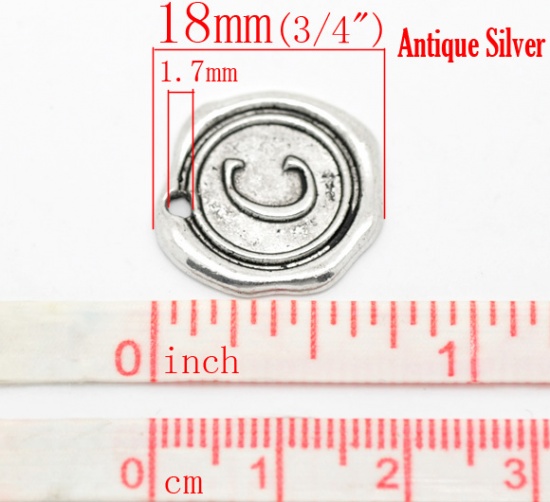 Picture of Zinc Based Alloy Wax Seal Charms Round Antique Silver Color Initial Alphabet/ Letter "C" Carved 18mm x18mm( 6/8" x 6/8"), 30 PCs