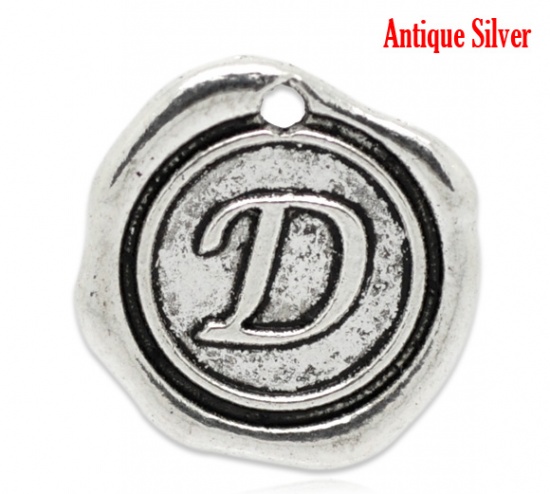 Picture of Zinc Based Alloy Wax Seal Charms Round Antique Silver Color Initial Alphabet/ Letter