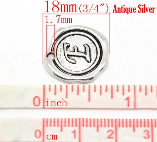 Picture of Zinc Based Alloy Wax Seal Charms Round Antique Silver Color Initial Alphabet/ Letter "E" Carved 18mm x18mm( 6/8" x 6/8"), 30 PCs
