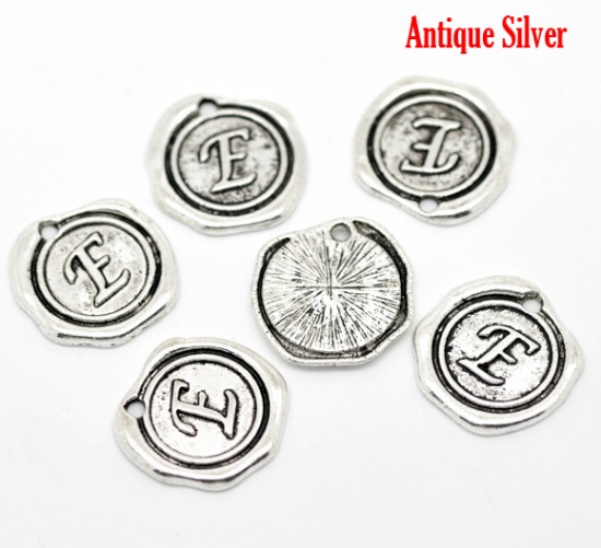 Picture of Zinc Based Alloy Wax Seal Charms Round Antique Silver Color Initial Alphabet/ Letter "E" Carved 18mm x18mm( 6/8" x 6/8"), 30 PCs