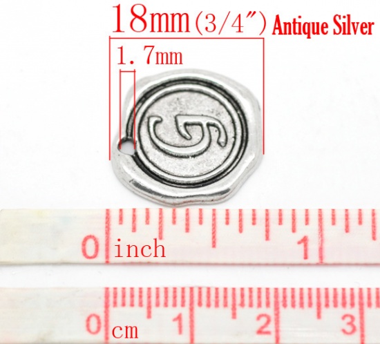 Picture of Zinc Based Alloy Wax Seal Charms Round Antique Silver Initial Alphabet/ Letter "G" Carved 18mm x18mm( 6/8" x 6/8"), 30 PCs