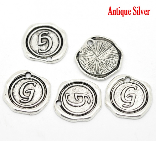 Picture of Zinc Based Alloy Wax Seal Charms Round Antique Silver Initial Alphabet/ Letter "G" Carved 18mm x18mm( 6/8" x 6/8"), 30 PCs