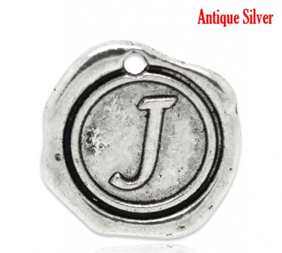亜鉛合金 ワックスシール チャーム 円形 銀古美 アルファベット "J" 彫刻 18mm x 18mm、 30 個 の画像