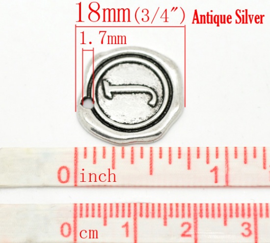 Picture of Zinc Based Alloy Wax Seal Charms Round Antique Silver Color Initial Alphabet/ Letter "J" Carved 18mm x18mm( 6/8" x 6/8"), 30 PCs