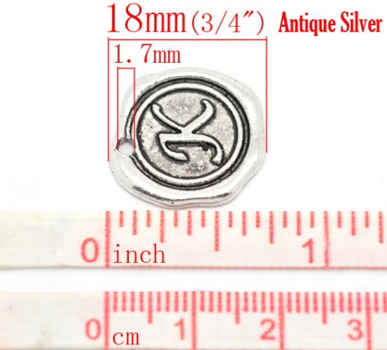 Picture of Zinc Based Alloy Wax Seal Charms Round Antique Silver Color Initial Alphabet/ Letter "K" Carved 18mm x18mm( 6/8" x 6/8"), 30 PCs