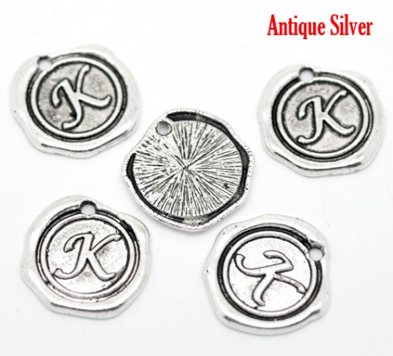 Picture of Zinc Based Alloy Wax Seal Charms Round Antique Silver Color Initial Alphabet/ Letter "K" Carved 18mm x18mm( 6/8" x 6/8"), 30 PCs