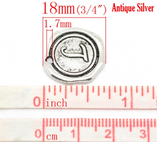 Picture of Zinc Based Alloy Wax Seal Charms Round Antique Silver Color Initial Alphabet/ Letter "L" Carved 18mm x18mm( 6/8" x 6/8"), 30 PCs
