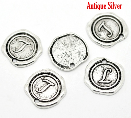 Picture of Zinc Based Alloy Wax Seal Charms Round Antique Silver Color Initial Alphabet/ Letter "L" Carved 18mm x18mm( 6/8" x 6/8"), 30 PCs