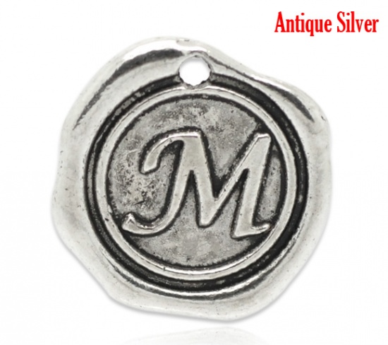 Picture of Zinc Based Alloy Wax Seal Charms Round Antique Silver Color Initial Alphabet/ Letter "M" Carved 18mm x18mm( 6/8" x 6/8"), 30 PCs