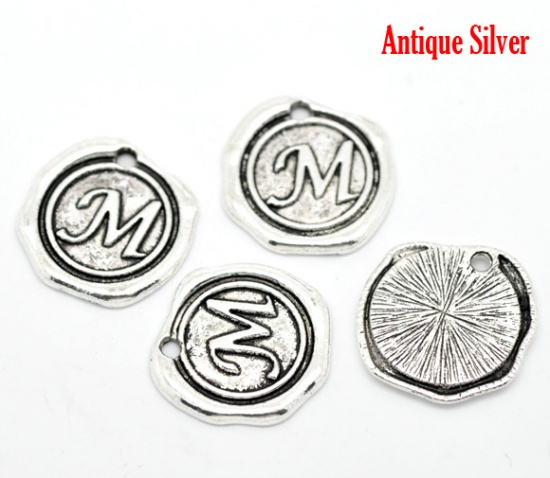 Picture of Zinc Based Alloy Wax Seal Charms Round Antique Silver Color Initial Alphabet/ Letter "M" Carved 18mm x18mm( 6/8" x 6/8"), 30 PCs
