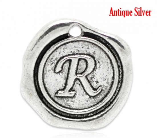 Picture of Zinc Based Alloy Wax Seal Charms Round Antique Silver Color Initial Alphabet/ Letter "R" Carved 18mm x18mm( 6/8" x 6/8"), 30 PCs