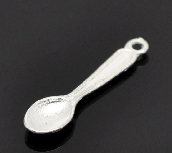 Picture of Zinc Based Alloy Charms Spoon Tableware Silver Plated 24mm(1") x 6mm( 2/8"), 90 PCs