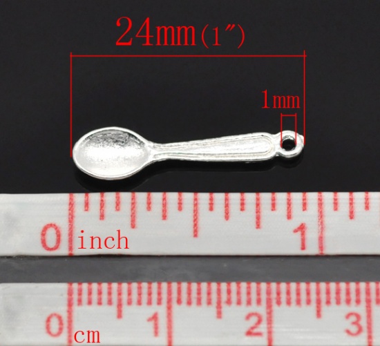 Picture of Zinc Based Alloy Charms Spoon Tableware Silver Plated 24mm(1") x 6mm( 2/8"), 90 PCs