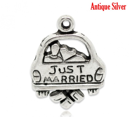 Picture of Zinc Based Alloy Charms Car Antique Silver Color Message " JUST MARRIED " Carved 20mm( 6/8") x 16mm( 5/8"), 30 PCs