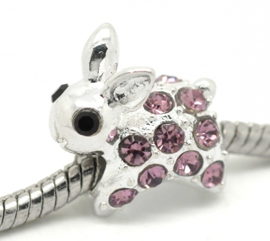 Picture of Zinc Based Alloy Easter European Style Large Hole Charm Beads Rabbit Silver Plated Purple & Black Rhinestone About 15mm x 10mm, Hole: Approx 4.6mm, 10 PCs