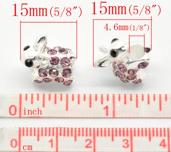 Picture of Zinc Based Alloy Easter European Style Large Hole Charm Beads Rabbit Silver Plated Purple & Black Rhinestone About 15mm x 10mm, Hole: Approx 4.6mm, 10 PCs