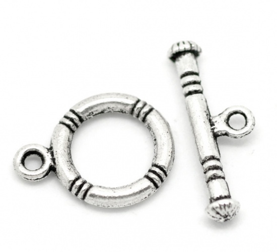 Picture of Zinc Based Alloy Toggle Clasps Round Antique Silver Color Stripe Carved 16mm x 12mm 20mm x 7mm, 40 Sets