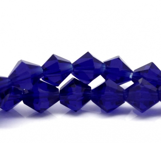 Picture of Crystal Glass Loose Beads Bicone Deep Blue Transparent Faceted About 6mm x 6mm, Hole: Approx 1mm, 30cm long, 2 Strands (Approx 50 PCs/Strand)