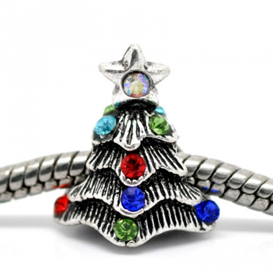 Picture of Zinc Metal Alloy European Style Large Hole Charm Beads Christmas Tree Antique Silver Multicolor Rhinestone About 16mm x 14mm, Hole: Approx 4.7mm, 10 PCS