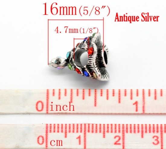 Picture of Zinc Metal Alloy European Style Large Hole Charm Beads Christmas Tree Antique Silver Multicolor Rhinestone About 16mm x 14mm, Hole: Approx 4.7mm, 10 PCS