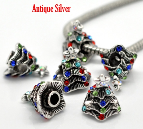 Picture of Zinc Metal Alloy European Style Large Hole Charm Beads Christmas Tree Antique Silver Multicolor Rhinestone About 16mm x 14mm, Hole: Approx 4.7mm, 10 PCS