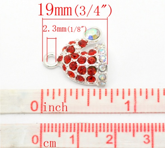 Picture of Silver Plated Red Rhinestone Christmas Santa's Hat Charms Pendants 19x18mm(3/4"x3/8"), sold per packet of 10