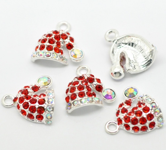Picture of Silver Plated Red Rhinestone Christmas Santa's Hat Charms Pendants 19x18mm(3/4"x3/8"), sold per packet of 10