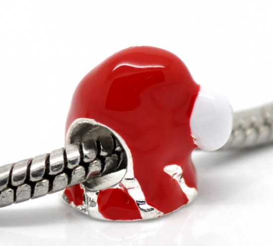 Picture of Zinc Metal Alloy European Style Large Hole Charm Beads Christmas Santa's Hat Silver Plated Red Enamel 12x11mm, Hole: Approx 5mm, 10 PCS