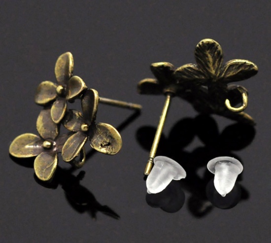 Picture of Brass Ear Post Stud Earrings Findings Triple Flower Antique Bronze W/ Loop 15mm( 5/8") x 14mm( 4/8"), Post/ Wire Size: (21 gauge), 10 PCs                                                                                                                     