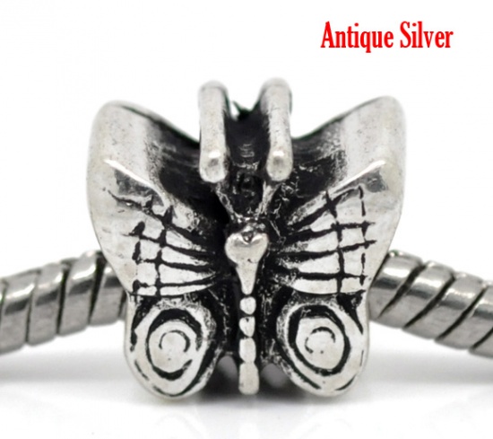 Picture of Zinc Metal Alloy European Style Large Hole Charm Beads Butterfly Antique Silver About 12mm x 11mm, Hole: Approx 5mm, 20 PCs